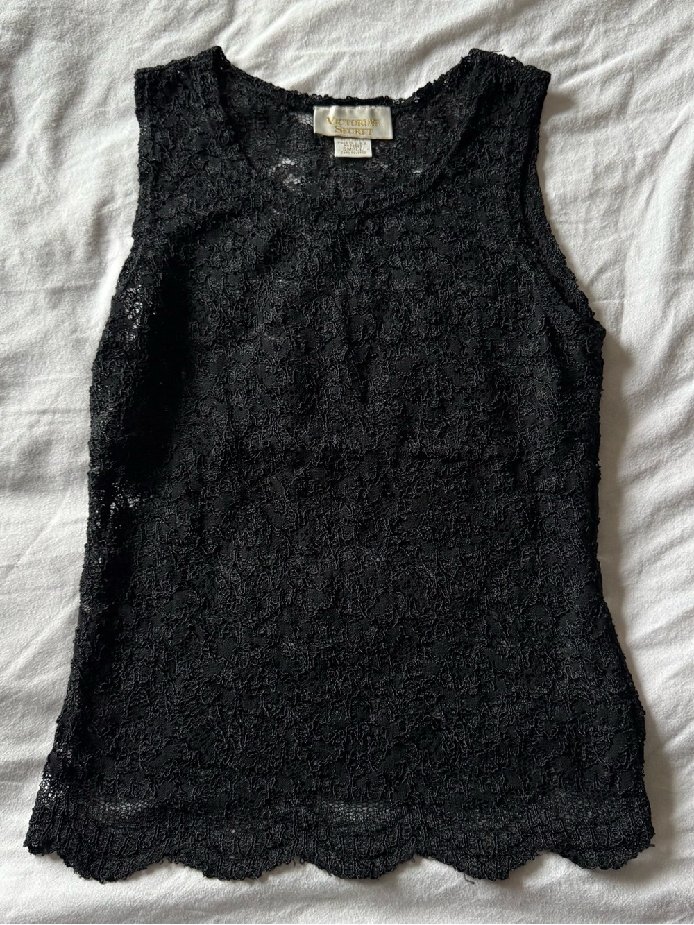 Vintage 70s Gold Label Victoria's Secret Black Lace Tank Top with Scalloped Hem